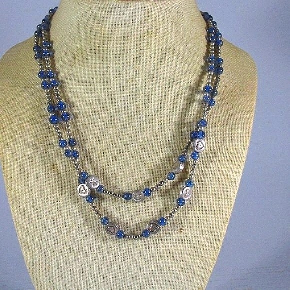 Blue Sodalite Double Layered Heart Short Silver Necklace - Picture 2 of 3